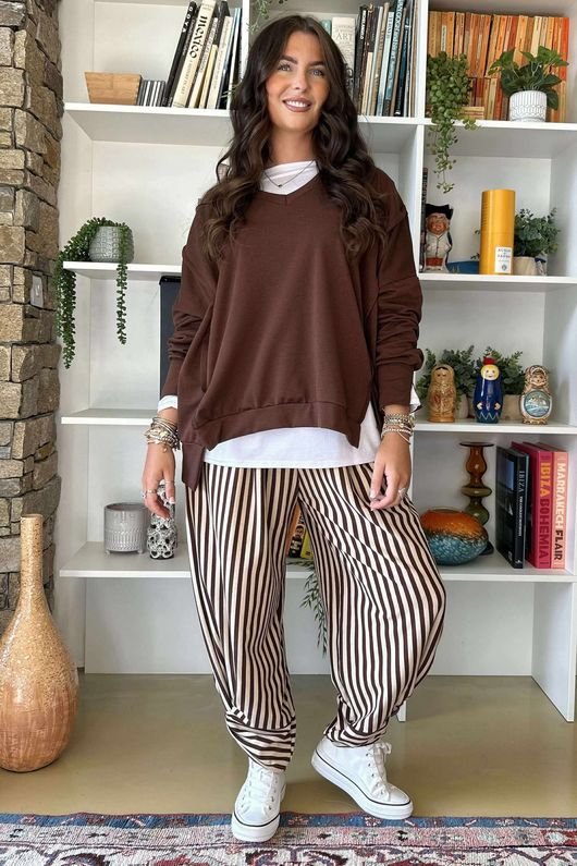 The Sunday Morning Stripe Twist Pant Chocolate Sand